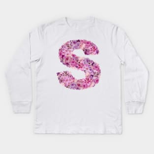 Pink Floral Letter S Kids Long Sleeve T-Shirt